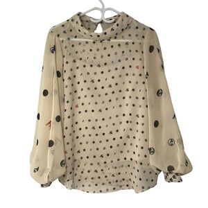 Women's Semi Sheer Polka Dot Blouse With Mock Turtleneck Light Cream/Beige Small